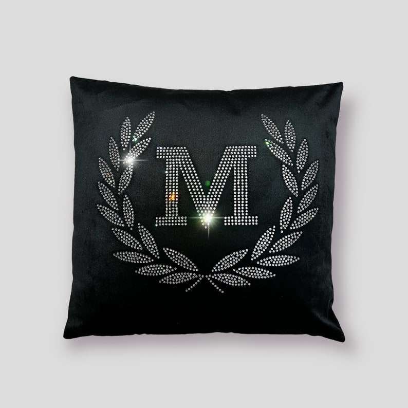Coussin Monogramme Noir avec Strass en Cristal Personnalisé | SUBLIMATION